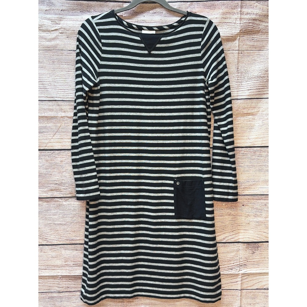 J. Jill Pure Jill Striped Knit Dress Black Gray Cotton Long Sleeve Pocket S